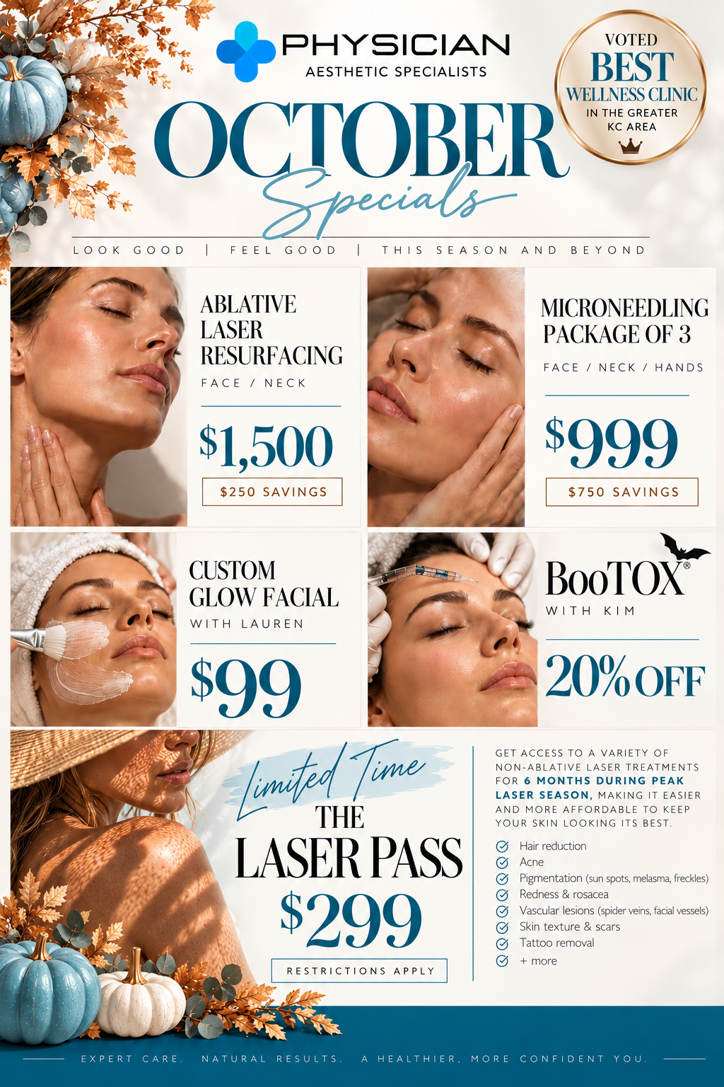 Physician Aesthetic Specialists October specials featuring ablative laser resurfacing, a microneedling package of three, custom glow facial, BooTOX, and a limited-time laser pass.